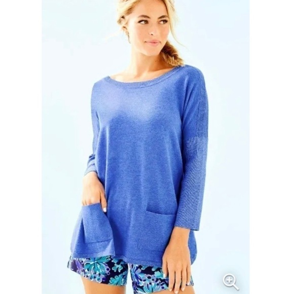 Lilly Pulitzer NWOT Cobo Sweater in Heathered Coastal Blue Sparkle Sleeve - Picture 1 of 7